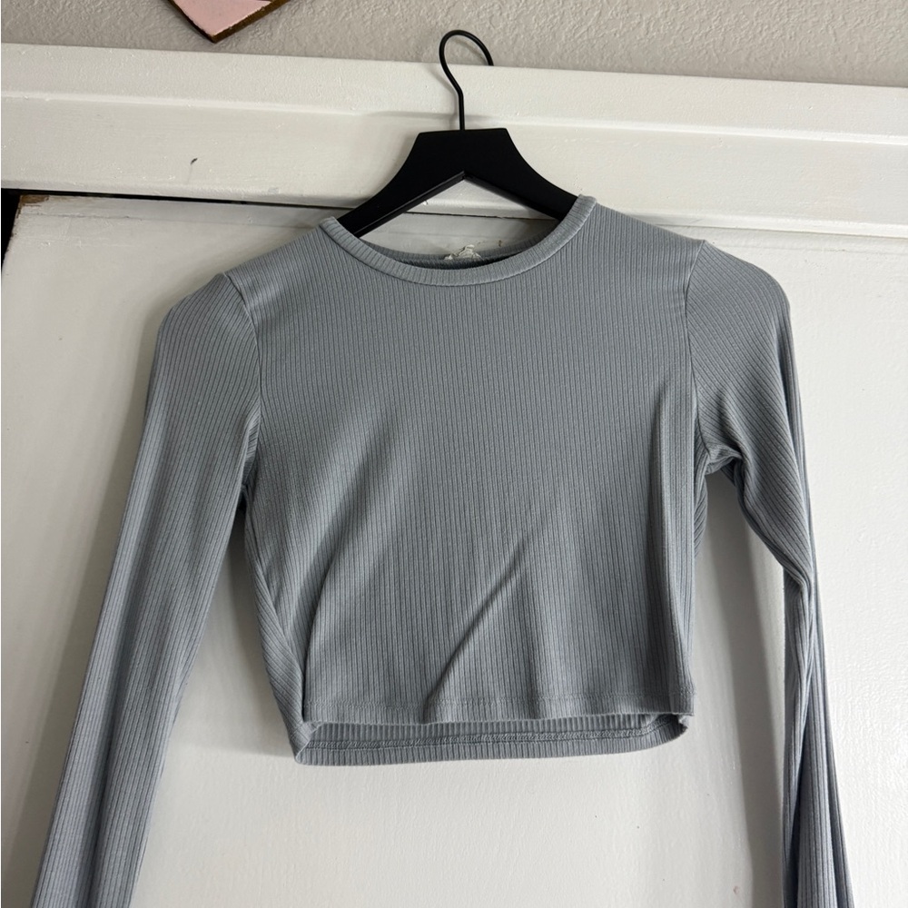 Garage Gray Blue Long Sleeve Fitted Crop Top